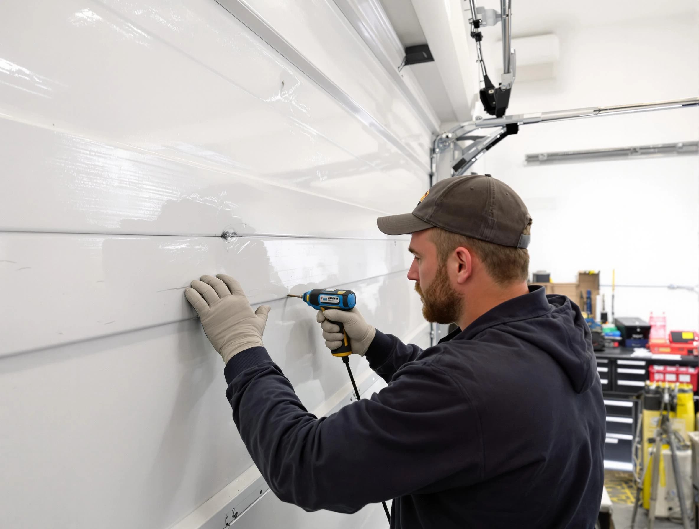 Apache Junction Garage Door Repair technician demonstrating precision dent removal techniques on a Apache Junction garage door