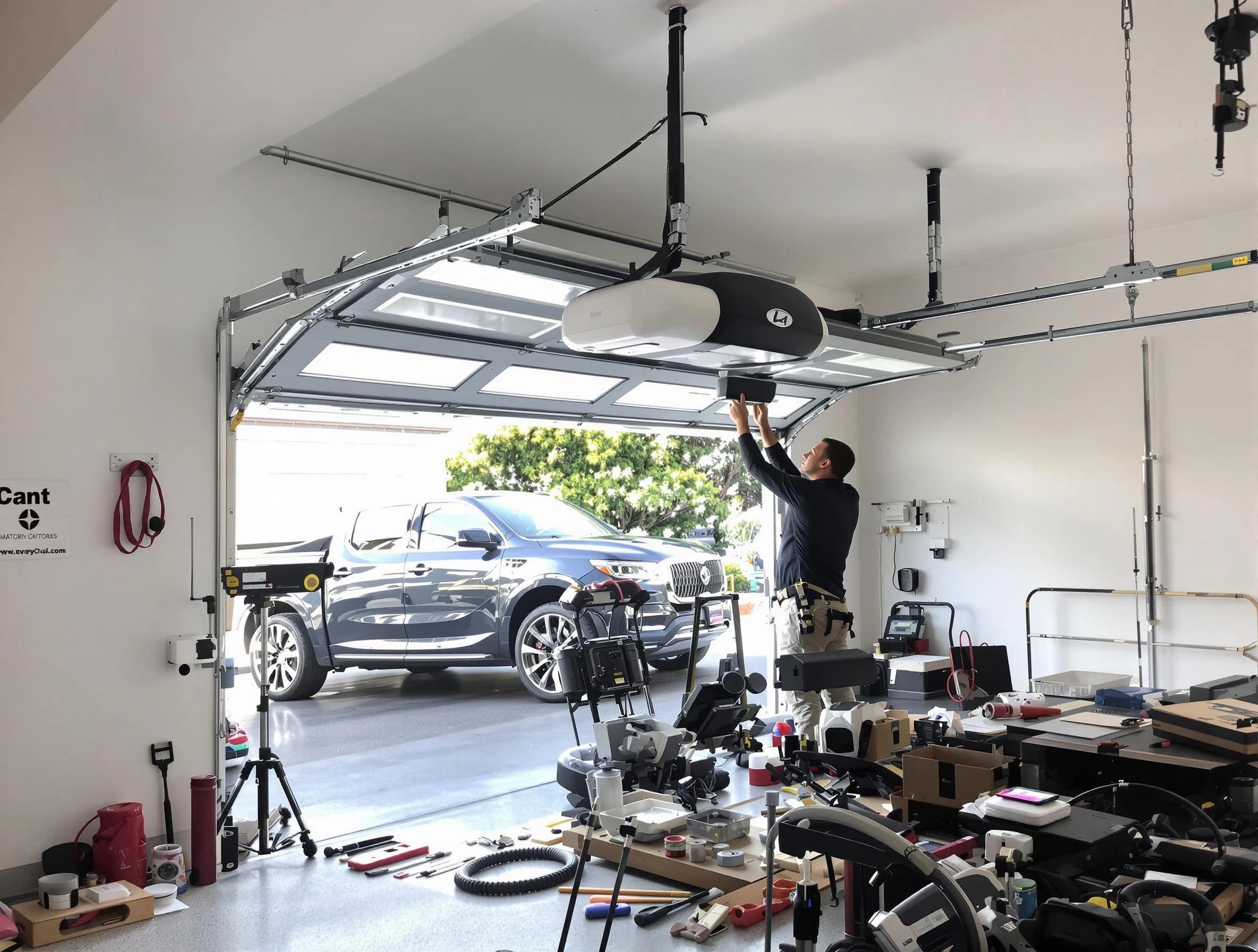 Apache Junction Garage Door Repair specialist installing smart garage door opener system in Apache Junction home